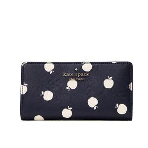 New Kate Spade Staci Orchard Toss Print Large Slim Bifold wallet Blazer Blue